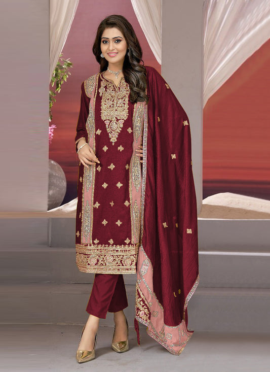 Maroon Vichitra Embroidered Pant Kameez Suit For Festival