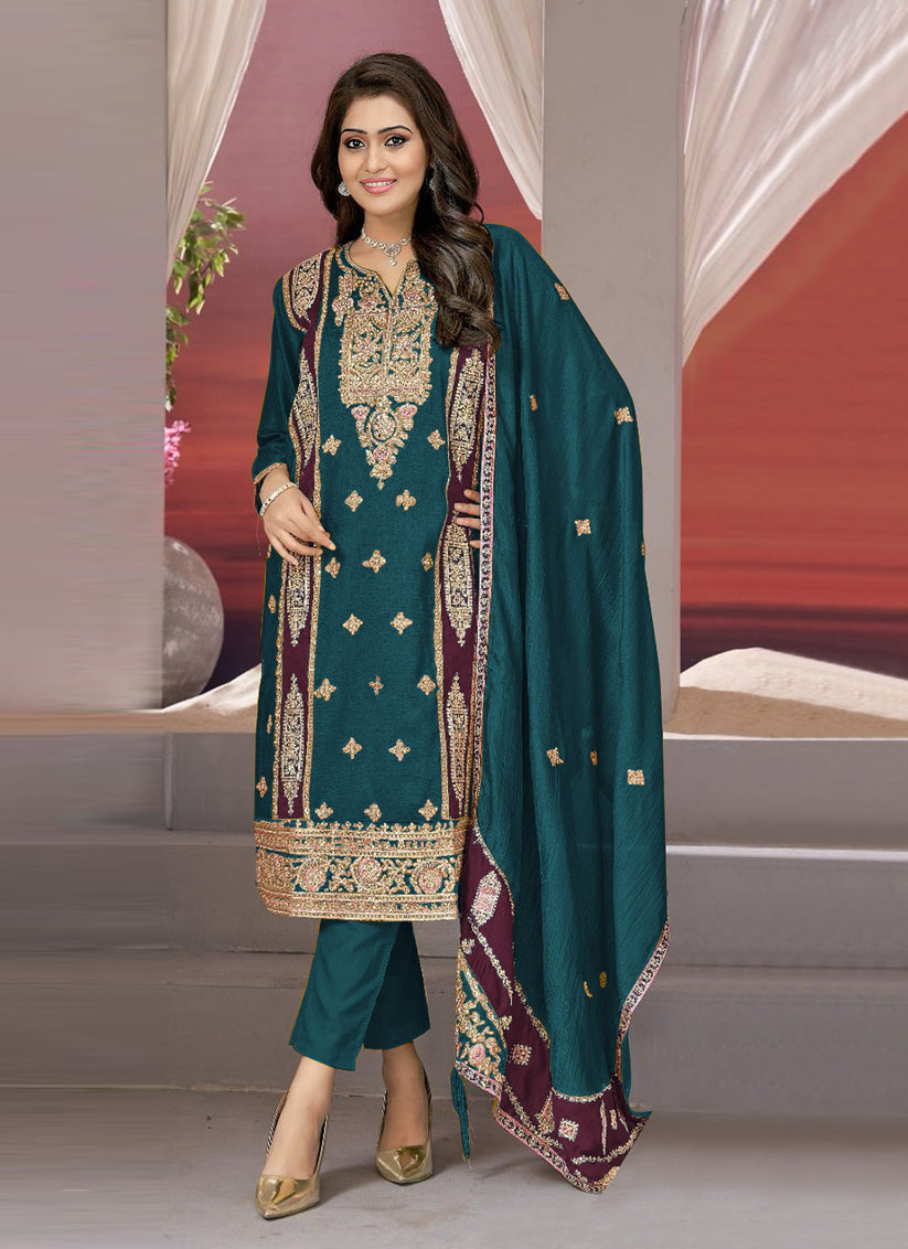 Teal Green Vichitra Embroidered Pant Kameez Suit For Festival