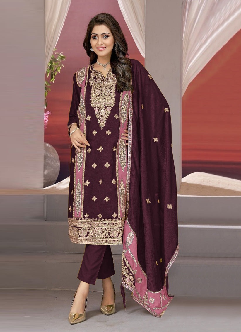 Wine Vichitra Embroidered Pant Kameez Suit For Festival