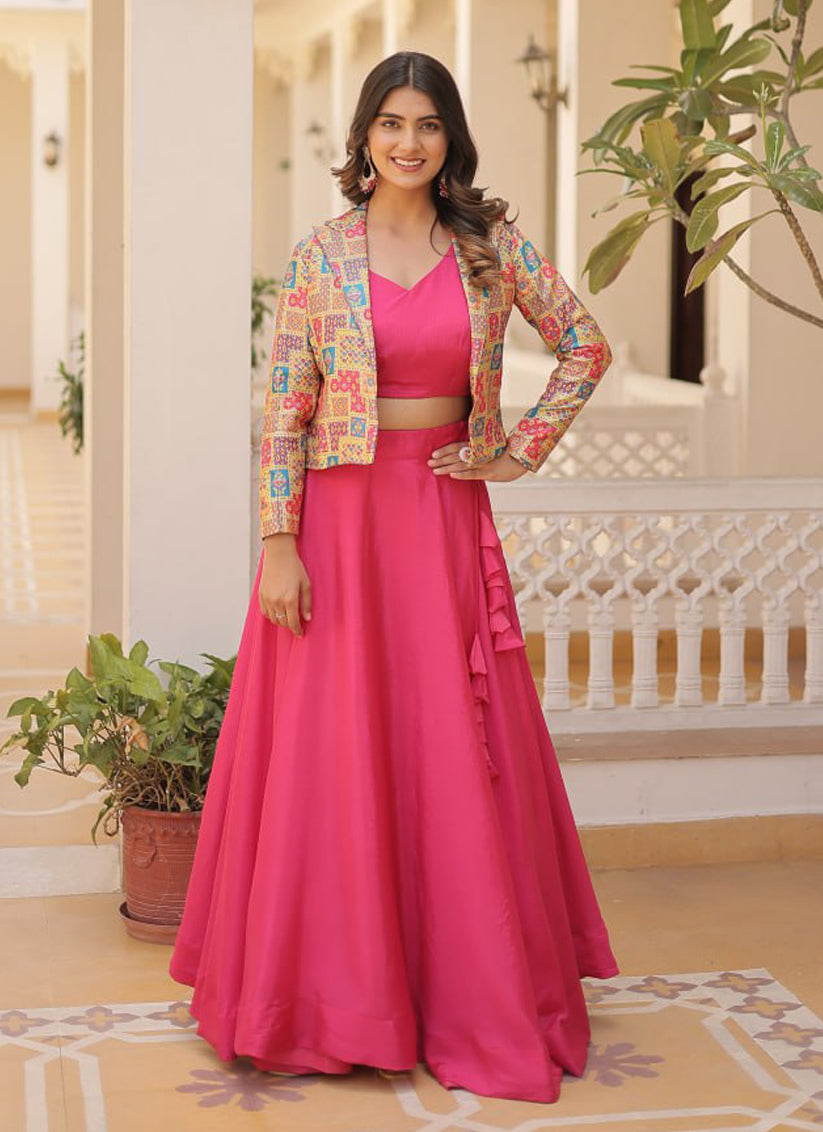 Rani Pink Chinnon Lehenga Choli with Jacket