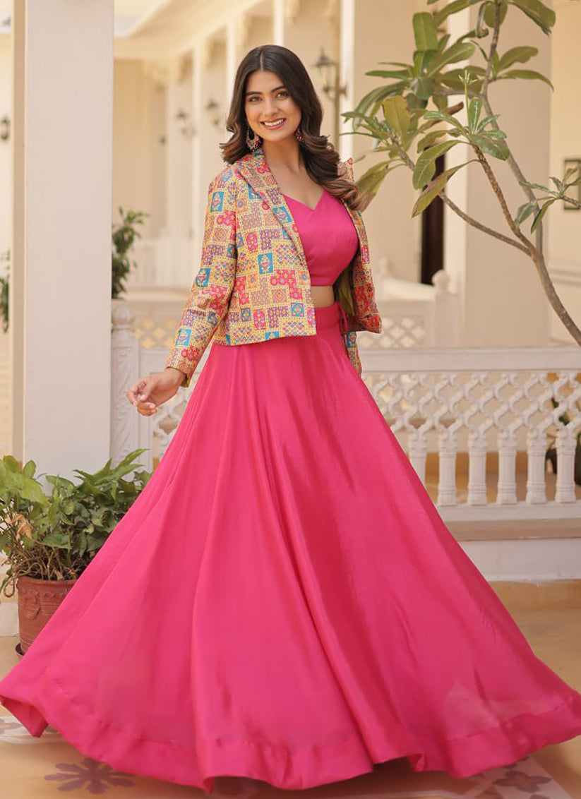 Rani Pink Chinnon Lehenga Choli with Jacket