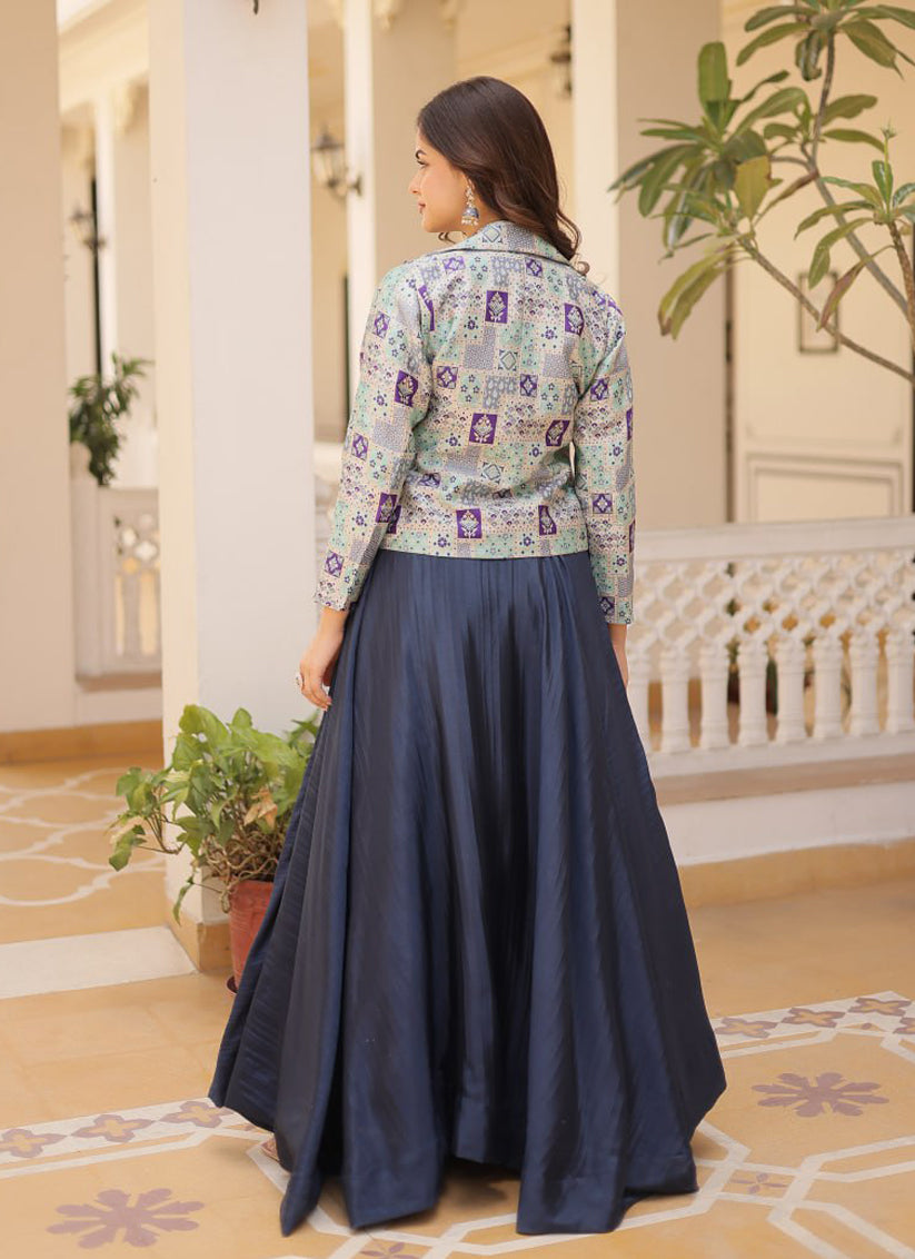 Midnight Blue Chinnon Lehenga Choli with Jacket