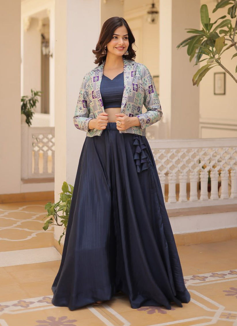 Midnight Blue Chinnon Lehenga Choli with Jacket