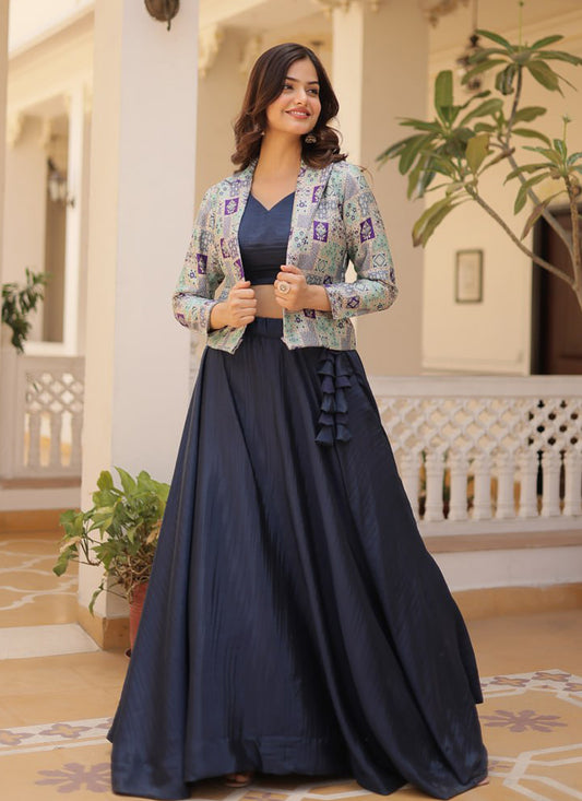 Midnight Blue Chinnon Lehenga Choli with Jacket