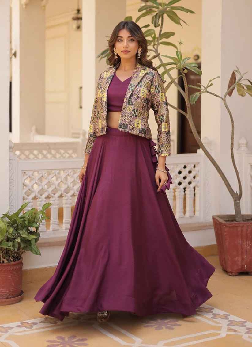 Burgundy Chinnon Lehenga Choli with Jacket