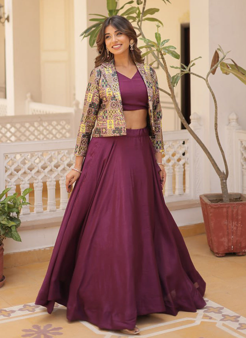 Burgundy Chinnon Lehenga Choli with Jacket