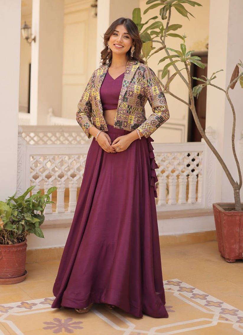 Burgundy Chinnon Lehenga Choli with Jacket