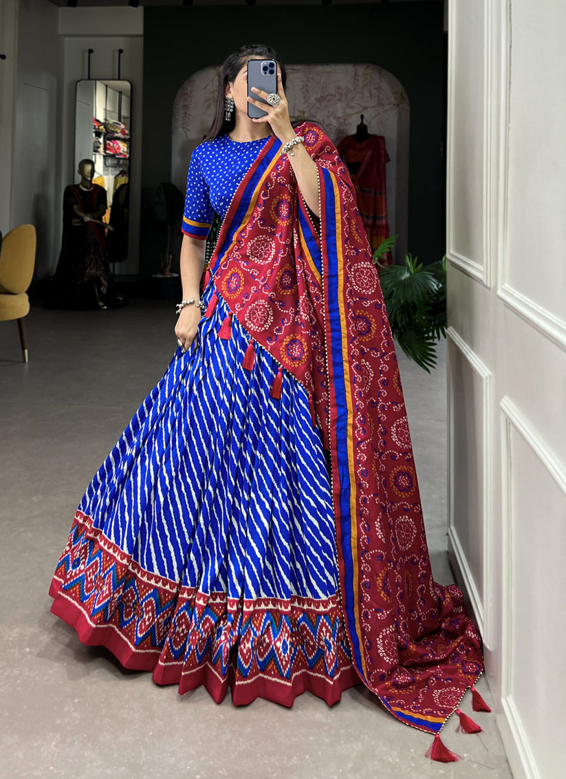 Royal Blue Tussar Silk Printed Navratri Special Chaniya Choli