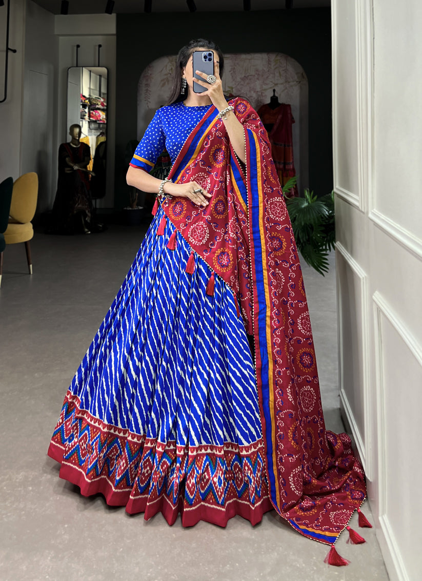 Royal Blue Tussar Silk Printed Navratri Special Chaniya Choli