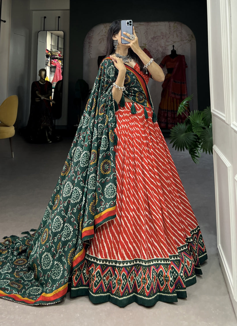 Flame Red Tussar Silk Printed Navratri Special Chaniya Choli