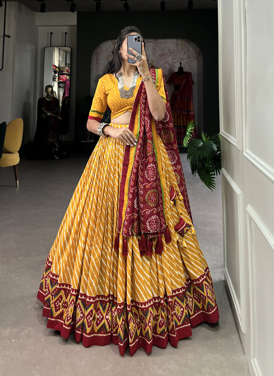 Mustard Tussar Silk Printed Navratri Special Chaniya Choli