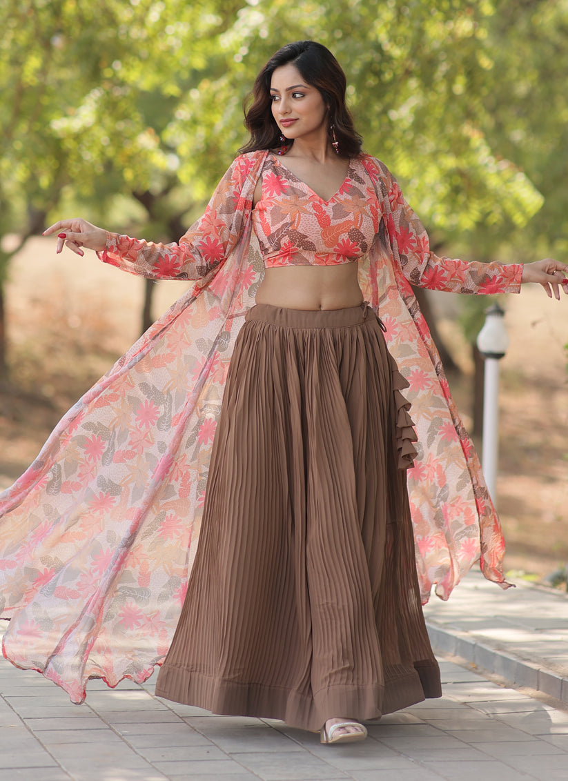 Snuff Brown Faux Georgette Lehenga with Digital Flower Print Choli and Shrug