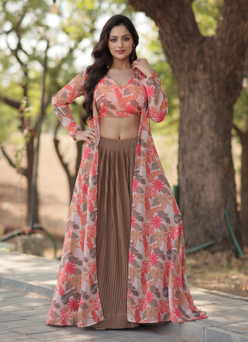 Snuff Brown Faux Georgette Lehenga with Digital Flower Print Choli and Shrug