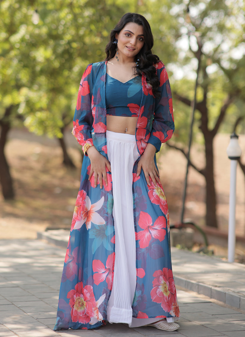 White Faux Georgette Lehenga with Digital Flower Print Choli and Shrug