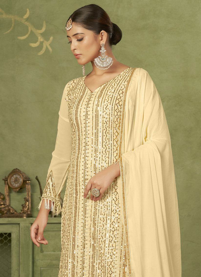 Beige Georgette Embroidered Palazzo Suit