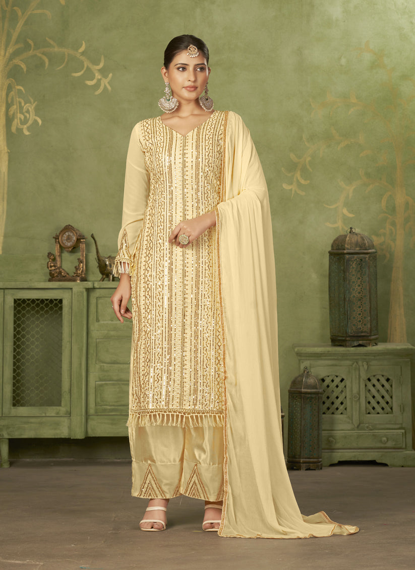 Beige Georgette Embroidered Palazzo Suit