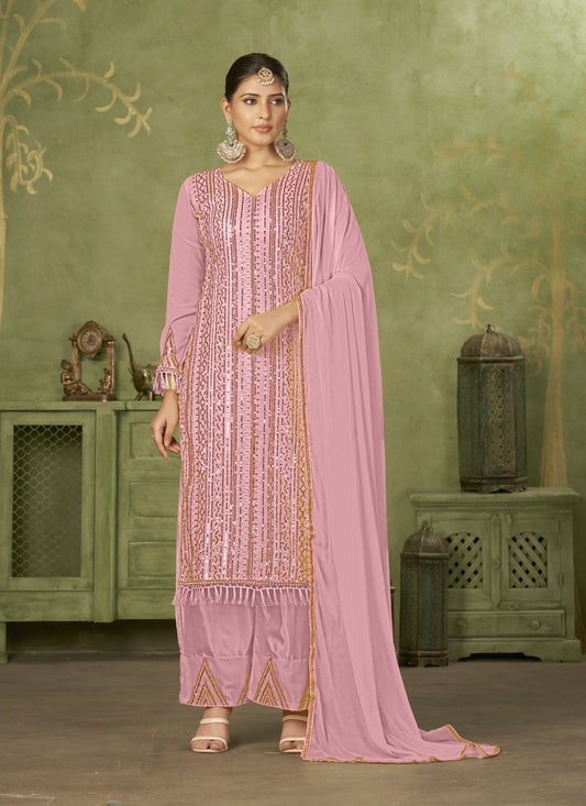 Pink Georgette Embroidered Palazzo Suit