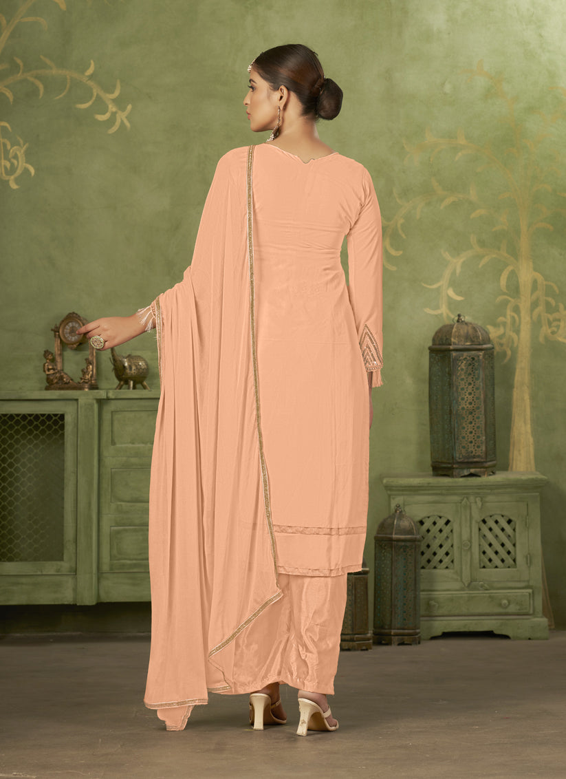 Peach Georgette Embroidered Palazzo Suit