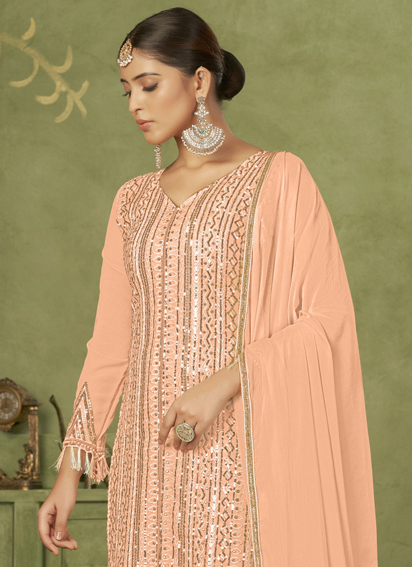 Peach Georgette Embroidered Palazzo Suit