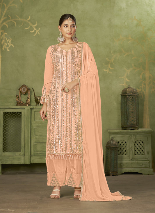 Peach Georgette Embroidered Palazzo Suit