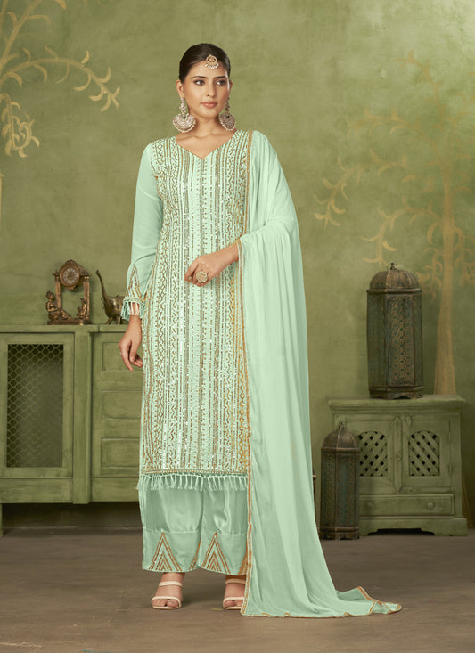 Sea Green Georgette Embroidered Palazzo Suit