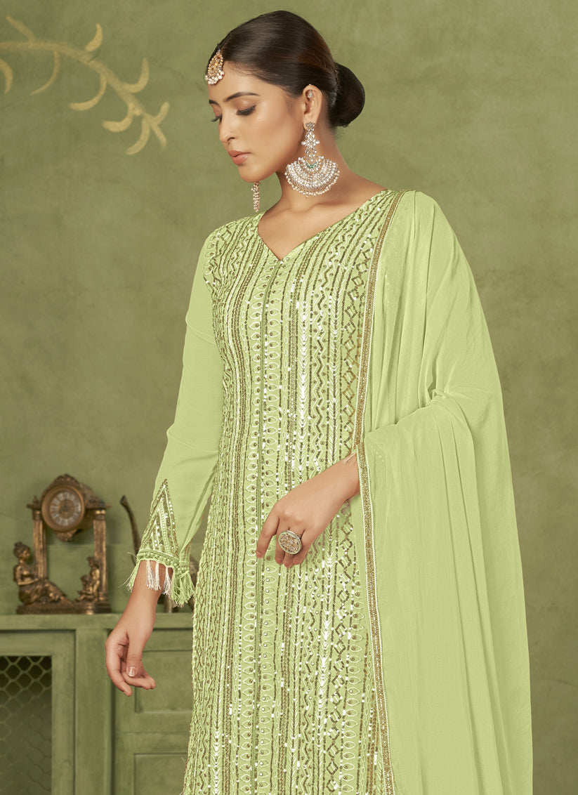 Pista Green Georgette Embroidered Palazzo Suit