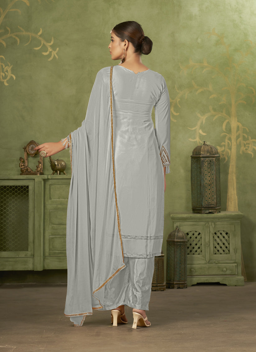 Grey Georgette Embroidered Palazzo Suit