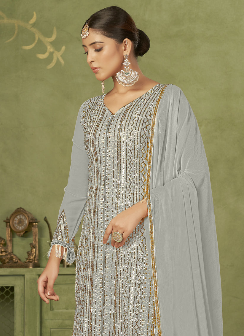 Grey Georgette Embroidered Palazzo Suit