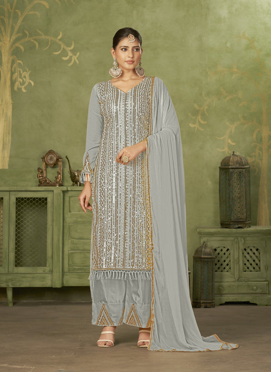 Grey Georgette Embroidered Palazzo Suit