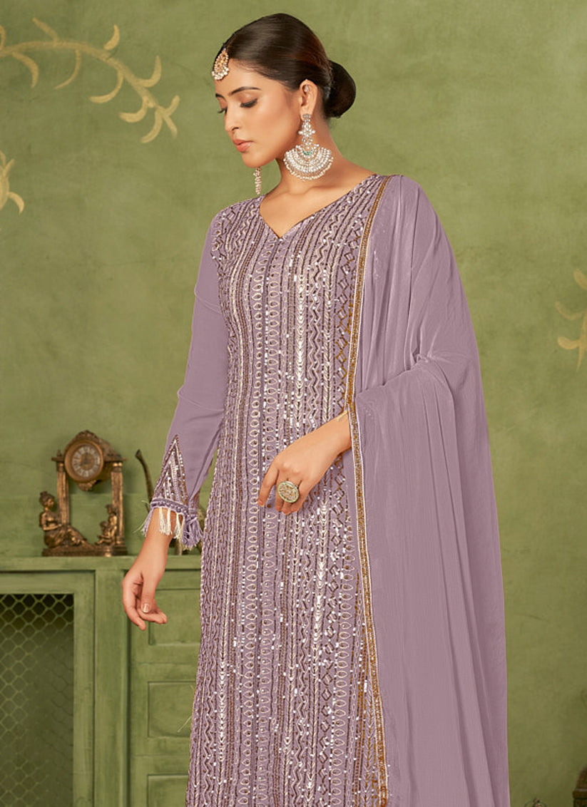 Purple Georgette Embroidered Palazzo Suit