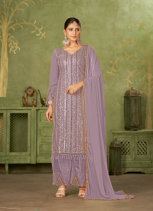 Purple Georgette Embroidered Palazzo Suit