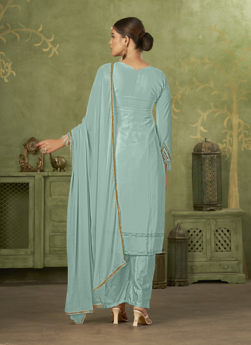 Sky Blue Georgette Embroidered Palazzo Suit