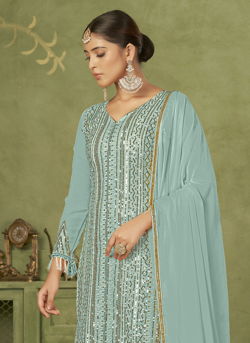 Sky Blue Georgette Embroidered Palazzo Suit