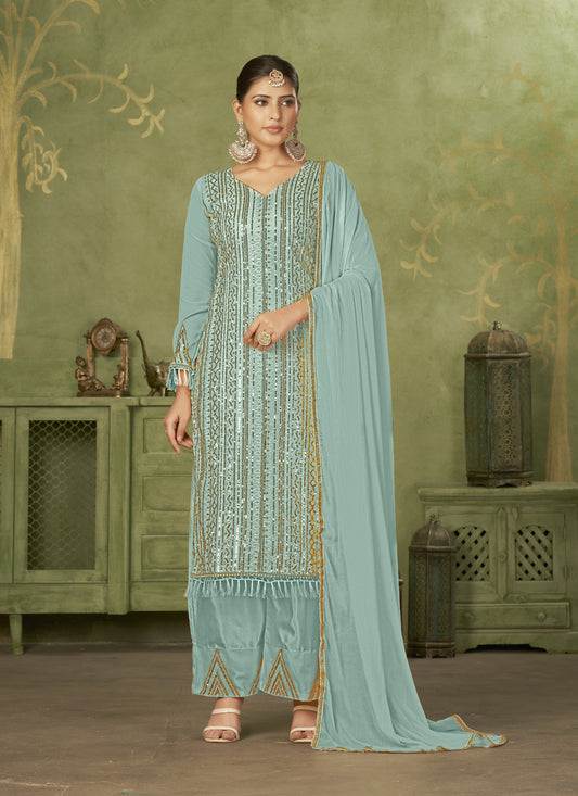 Sky Blue Georgette Embroidered Palazzo Suit