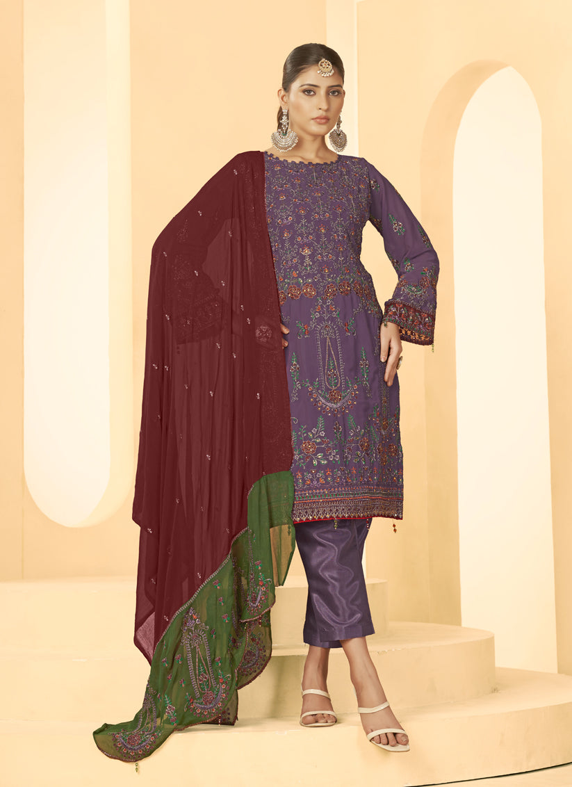 Purple Georgette Embroidered Salwar Kameez Suit