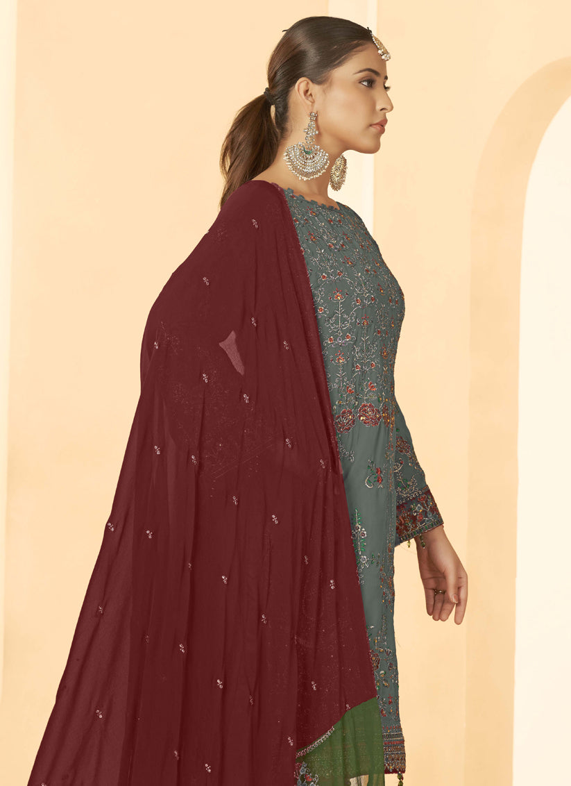 Grey Georgette Embroidered Salwar Kameez Suit