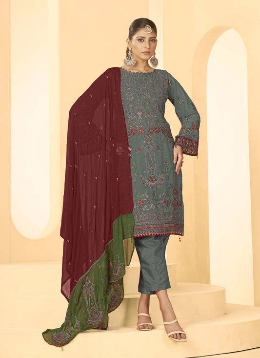 Grey Georgette Embroidered Salwar Kameez Suit