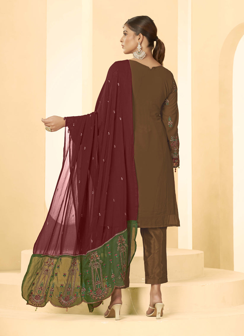 Brown Georgette Embroidered Salwar Kameez Suit