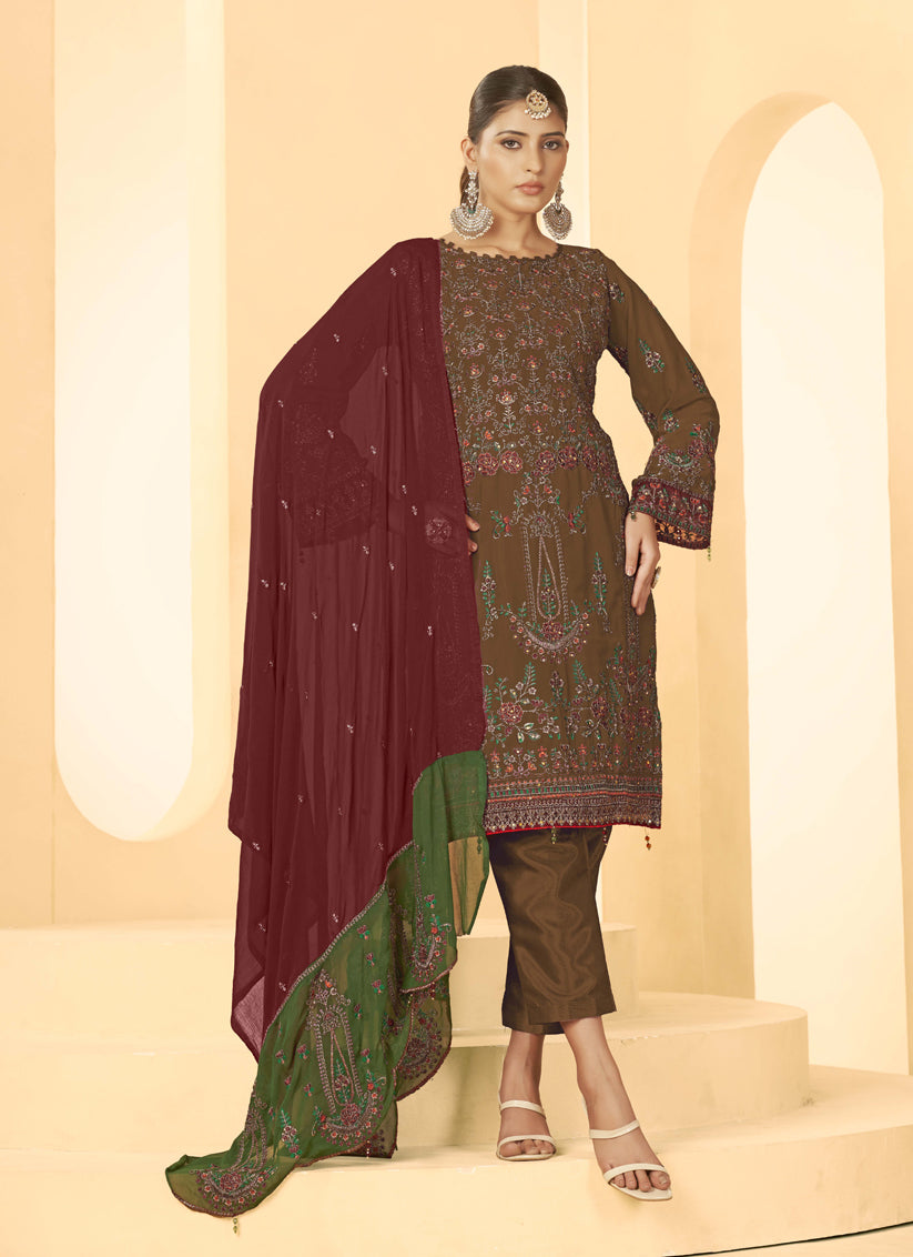 Brown Georgette Embroidered Salwar Kameez Suit