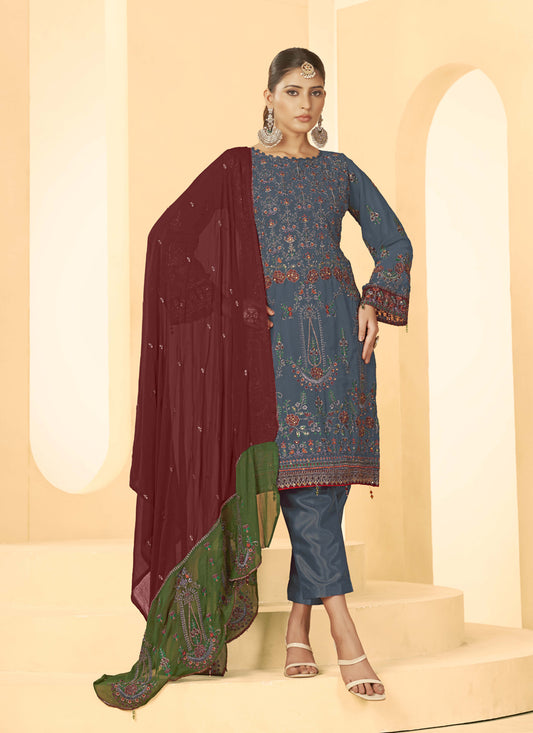 Blue Georgette Embroidered Salwar Kameez Suit