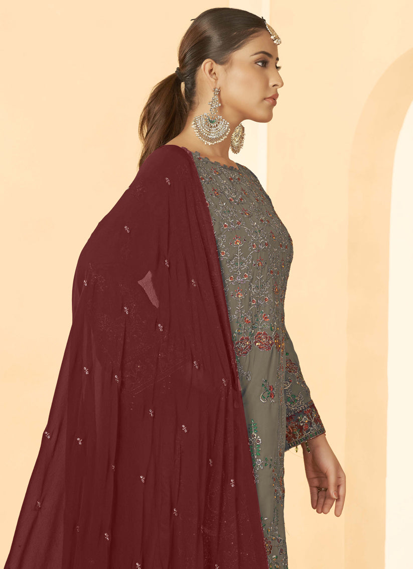 Brown Georgette Embroidered Salwar Kameez Suit