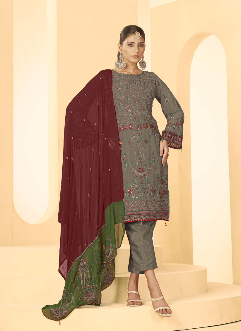 Brown Georgette Embroidered Salwar Kameez Suit