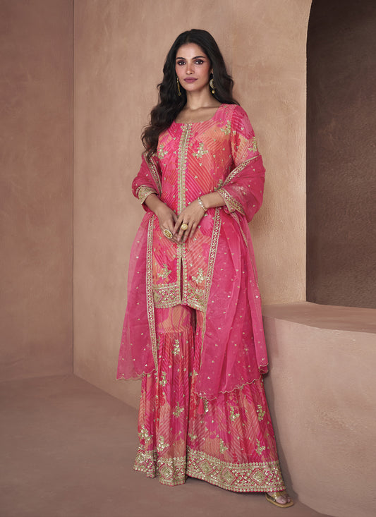 Rani Pink Georgette Embroidered Sarara Kameez