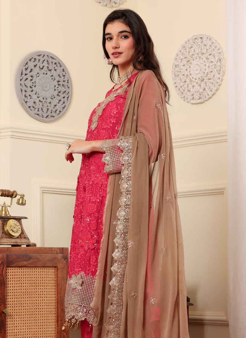 Magenta Chinon Silk Embroidered Pakistani Suits