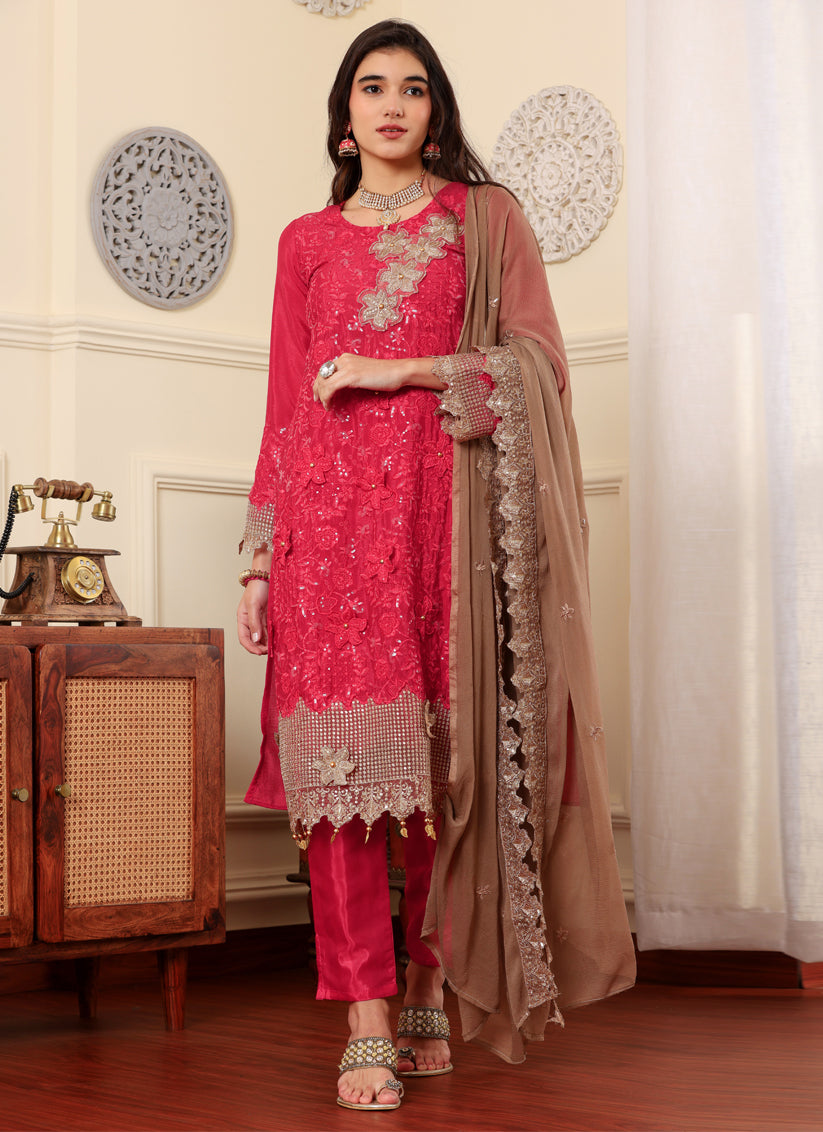 Magenta Chinon Silk Embroidered Pakistani Suits