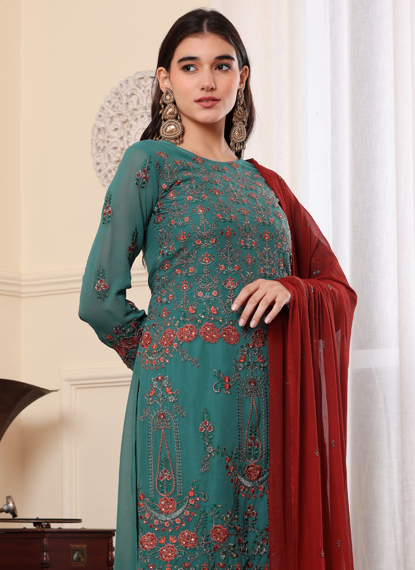 Teal Georgette Embroidered Pakistani Suits