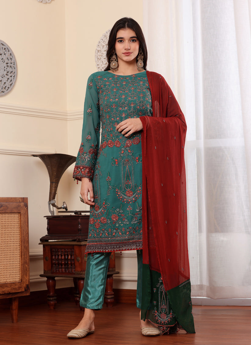 Teal Georgette Embroidered Pakistani Suits