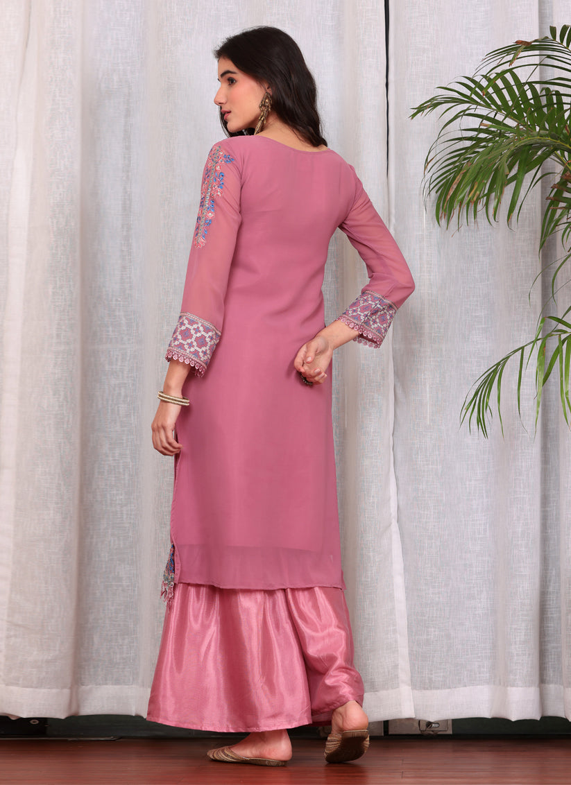 Pink Georgette Embroidered Palazzo Suit