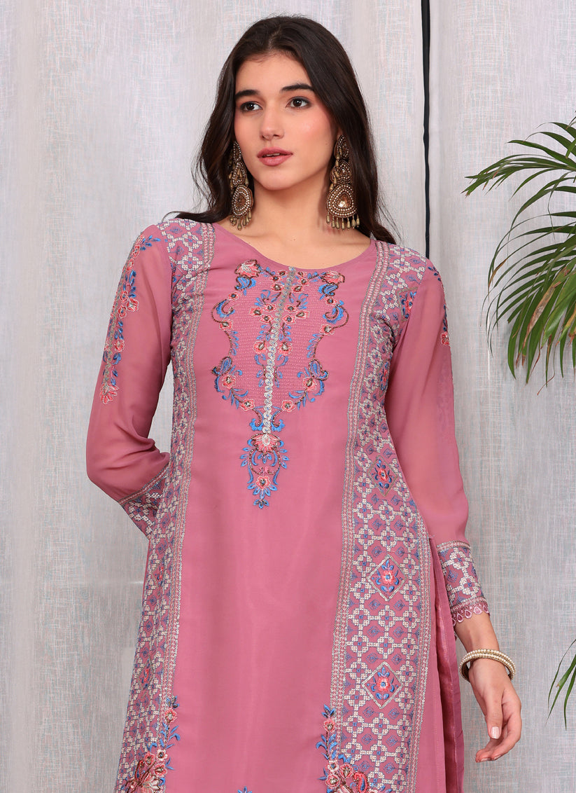 Pink Georgette Embroidered Palazzo Suit