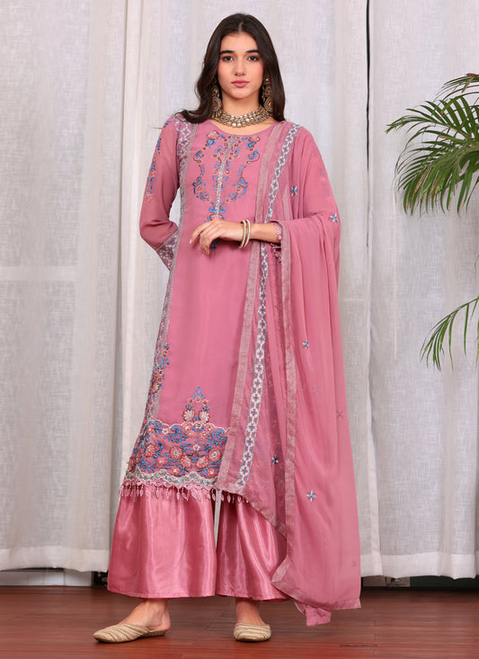 Pink Georgette Embroidered Palazzo Suit